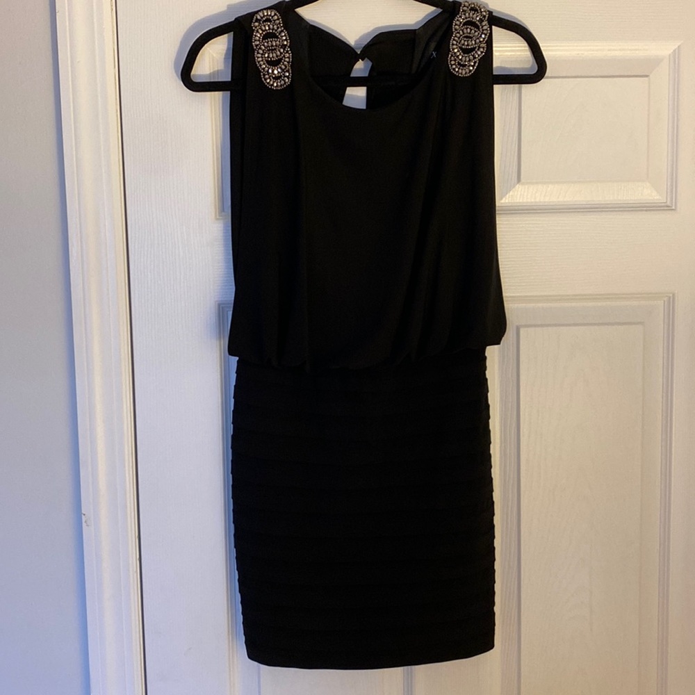 Escape Black mini dress with embroidered shoulders. size 4